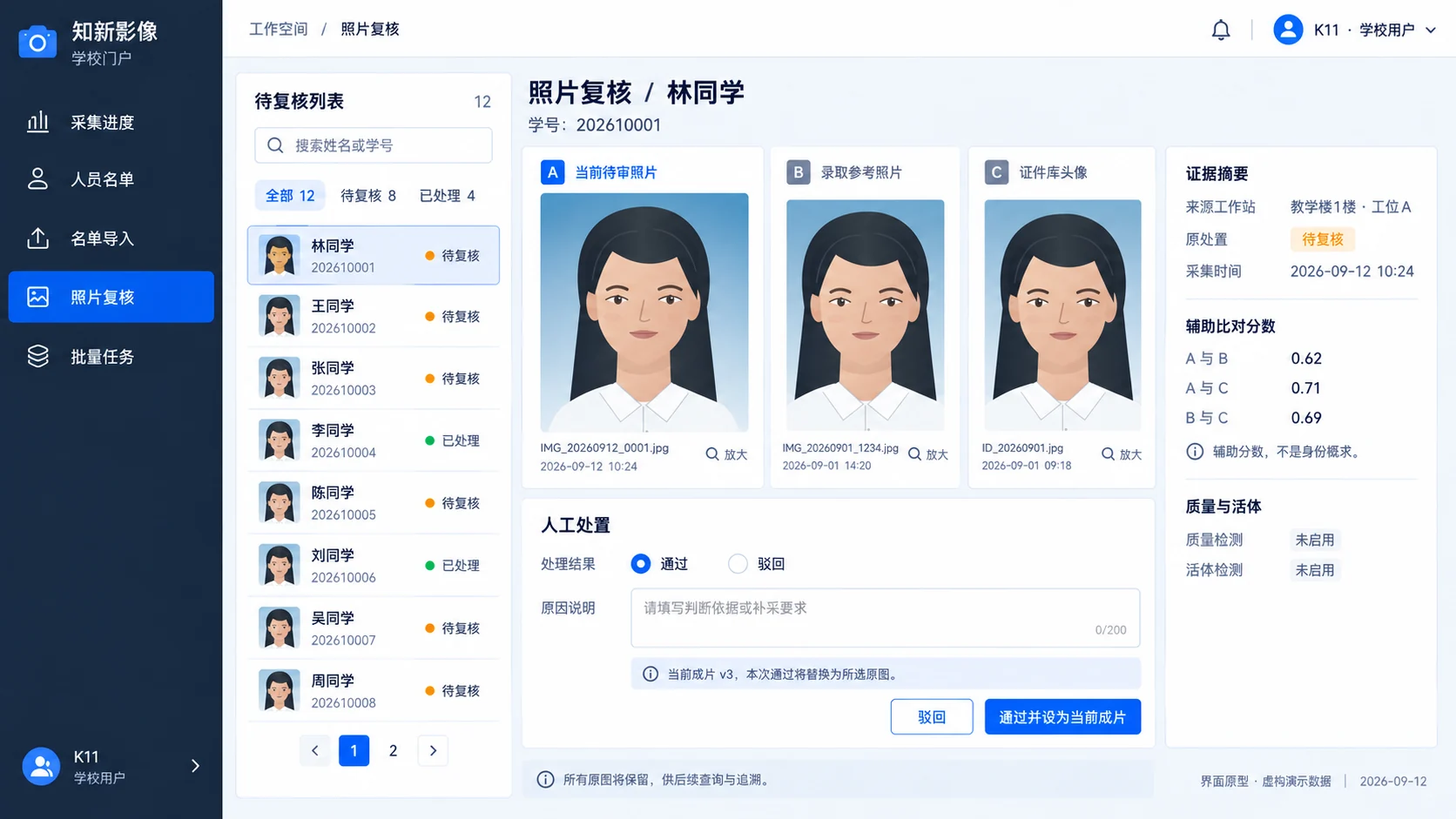 人像信息采集平台·学校门户 · 照片人工复核（原型示意，演示数据）